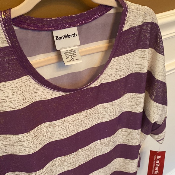 Bon Worth NWT Womens Purple, Cream & Gold Striped Short Sleeve Top - Size LP - Picture 5 of 16